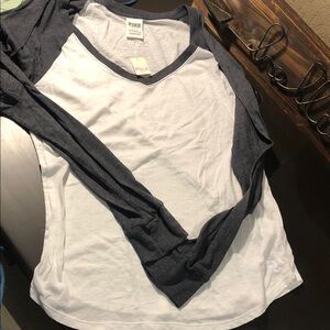 PINK Victoria's Secret White V‑Neck Raglan Long Sleeve Tee with Charcoal Sleeves